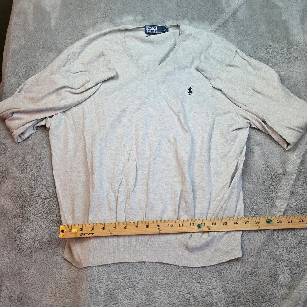 Polo Ralph Lauren Sweater Mens XL Light Gray V-Neck 100% Pima‎ Cotton Knit